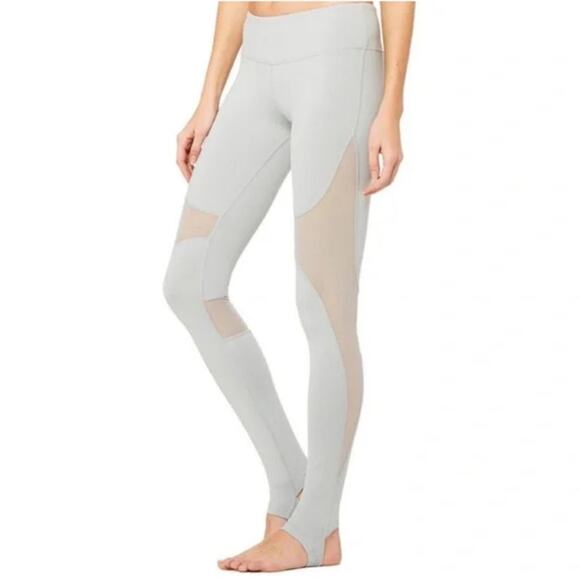 Alo Yoga Mesh Stirrup Leggings Size M Ice Gray Workout Gym Key Pocket Athleisure - Picture 2 of 12
